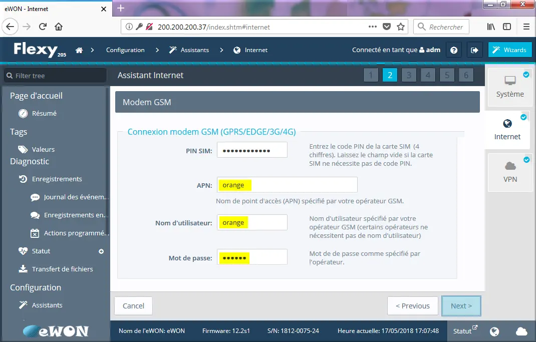 Connexion modem GSM